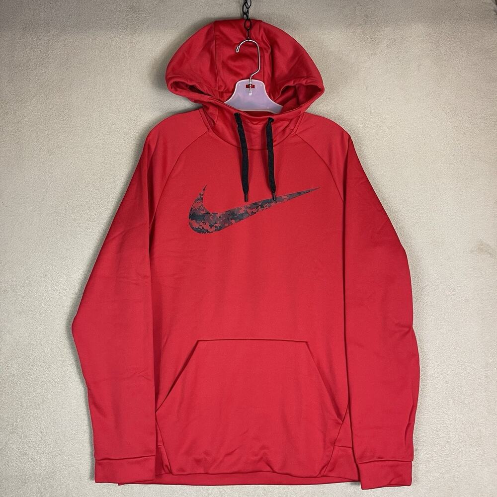 Nike Hoodie Mens M Red Dri-Fit Therma Fleece Regular Fit Pouch Pockets Pullover